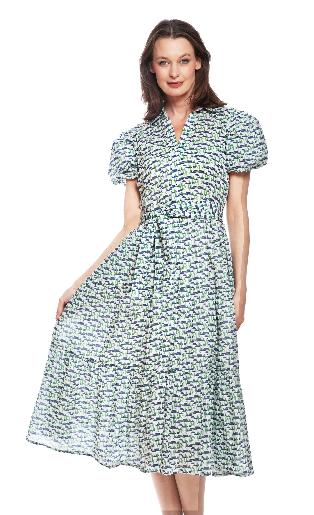 Litchfield Dress Navy and Green Little Sailboats Print