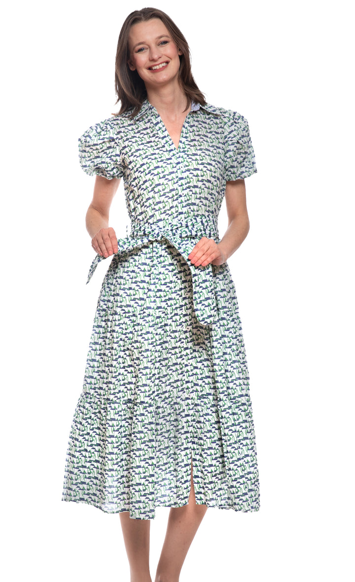 Litchfield Dress Navy and Green Little Sailboats Print
