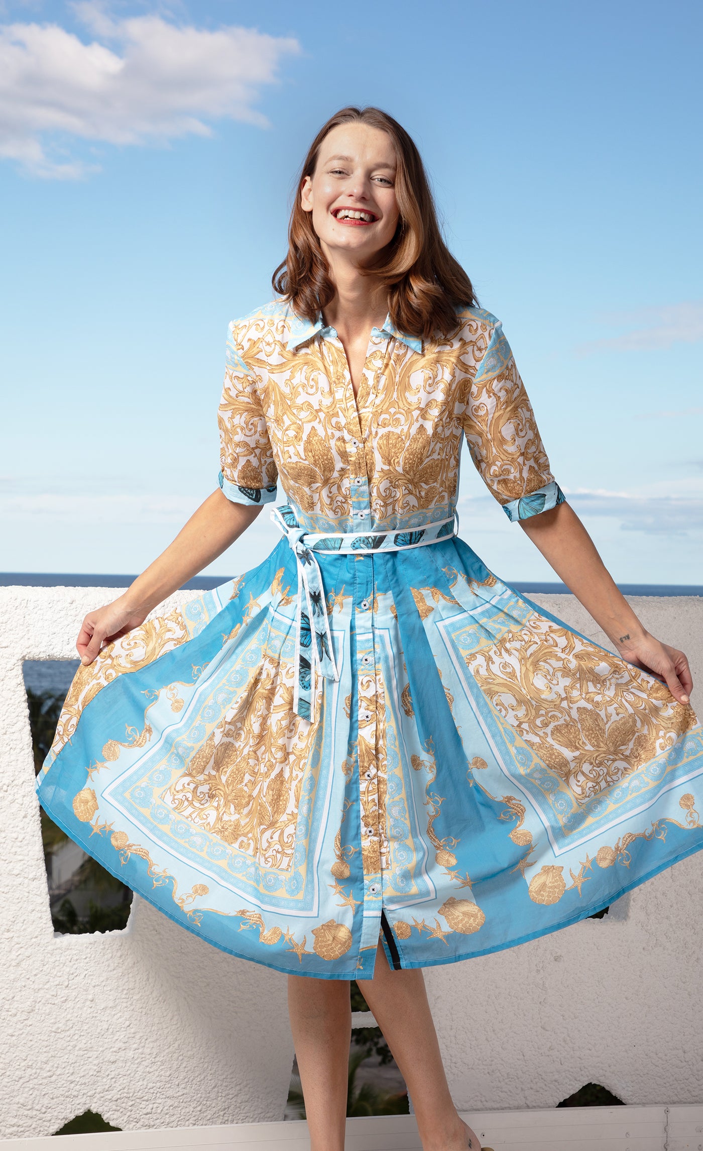 Mrs Maisel Dress Bluee Gold Scroll Print Voile XS / 663-S562