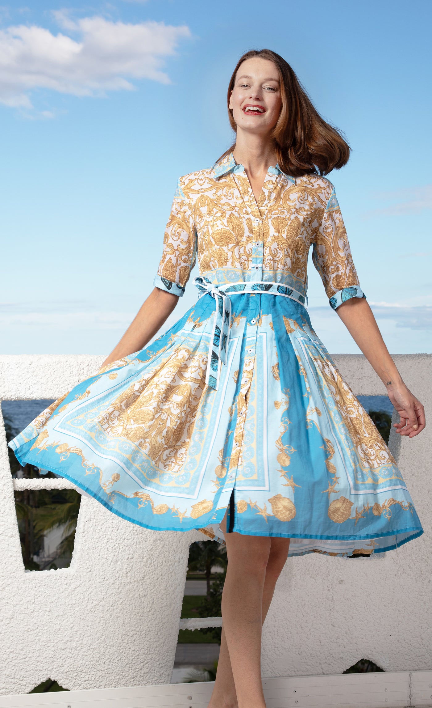 Mrs Maisel Dress Bluee Gold Scroll Print Voile XS / 663-S562