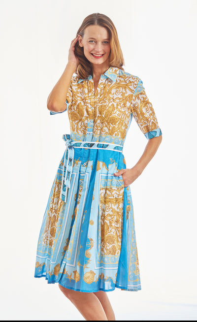 Mrs Maisel Dress Bluee Gold Scroll Print Voile XS / 663-S562