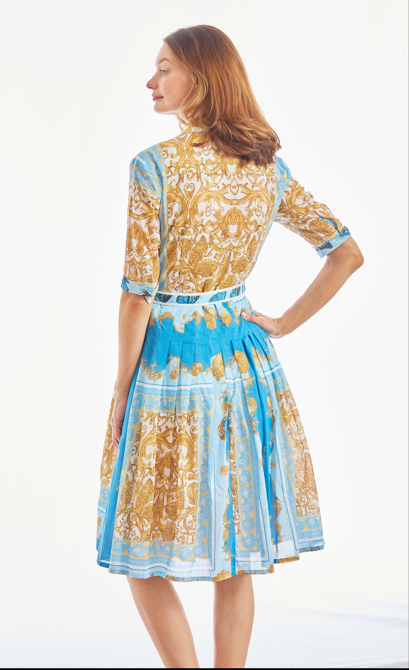 Mrs Maisel Dress Bluee Gold Scroll Print Voile XS / 663-S562