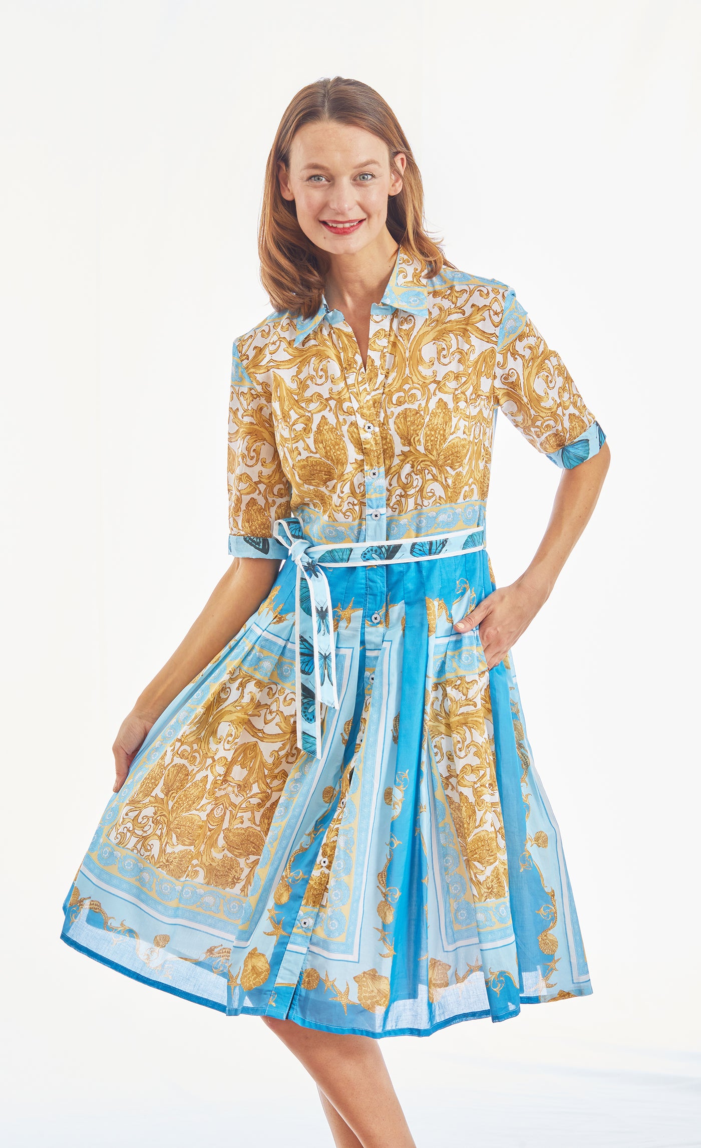 Mrs Maisel Dress Bluee Gold Scroll Print Voile XS / 663-S562