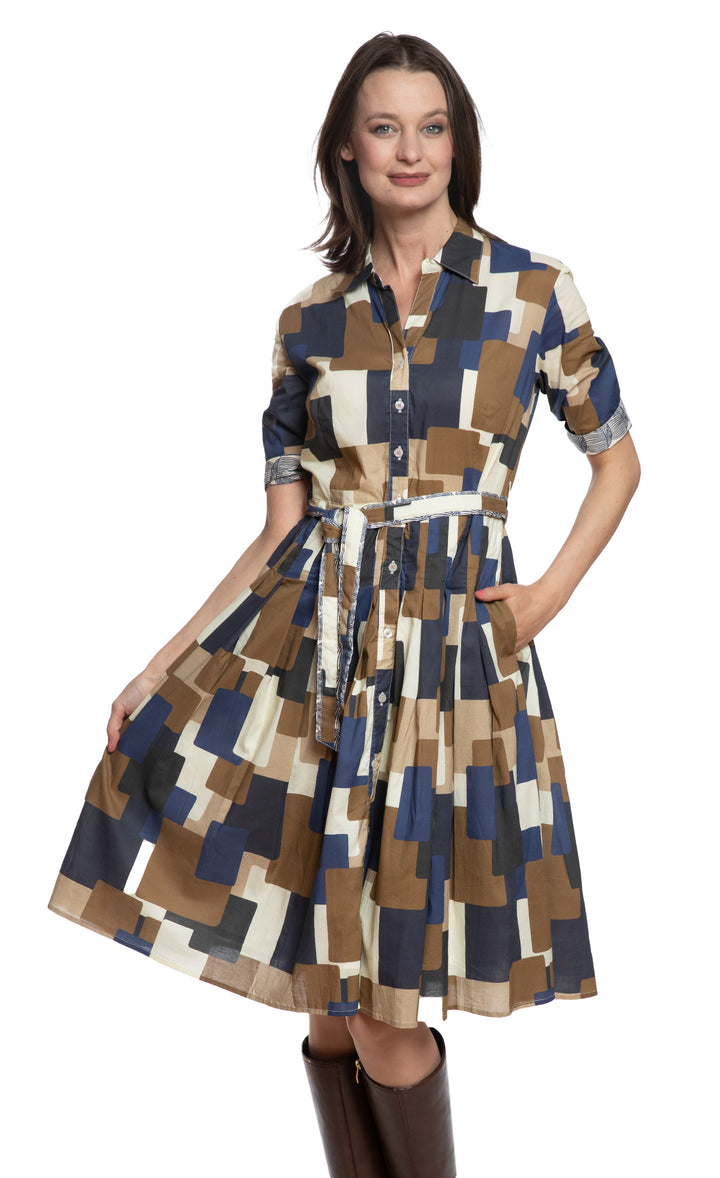 Mrs Maisel Shirtwaist Dress Chocolate Blue Squares Print