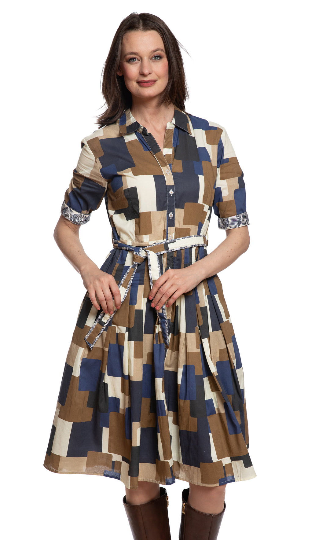 Mrs Maisel Shirtwaist Dress Chocolate Blue Squares Print