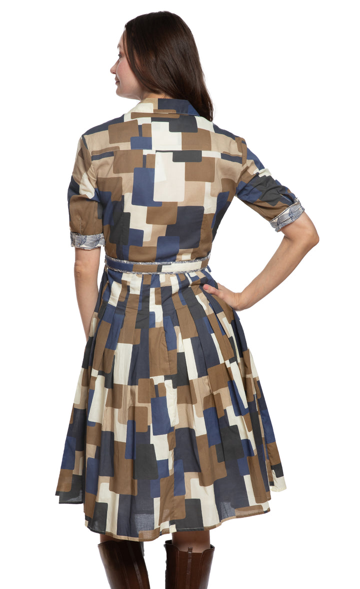 Mrs Maisel Shirtwaist Dress Chocolate Blue Squares Print