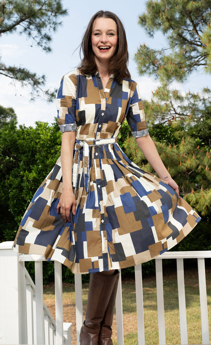 Mrs Maisel Shirtwaist Dress Chocolate Blue Squares Print