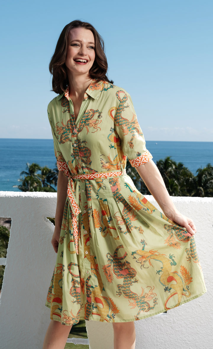 Mrs Maisel Dress Soft Green Dragon Print Cotton Voile