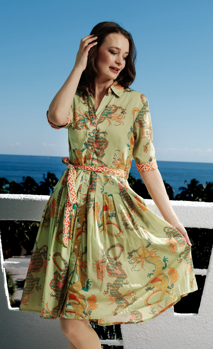 Mrs Maisel Dress Soft Green Dragon Print Cotton Voile