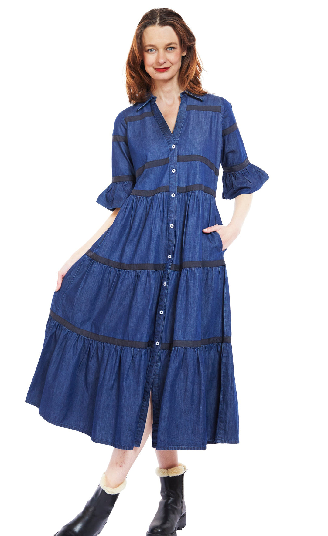 Denim Dress Gorman Holiday Silk Dress Miami Dress In Denim With Black Ribbon Trim Xs 6645-DEN Denim Dress Gorman Holiday Silk Dress Miami Dress In Denim With Black Ribbon Trim Xs 6645-DEN
