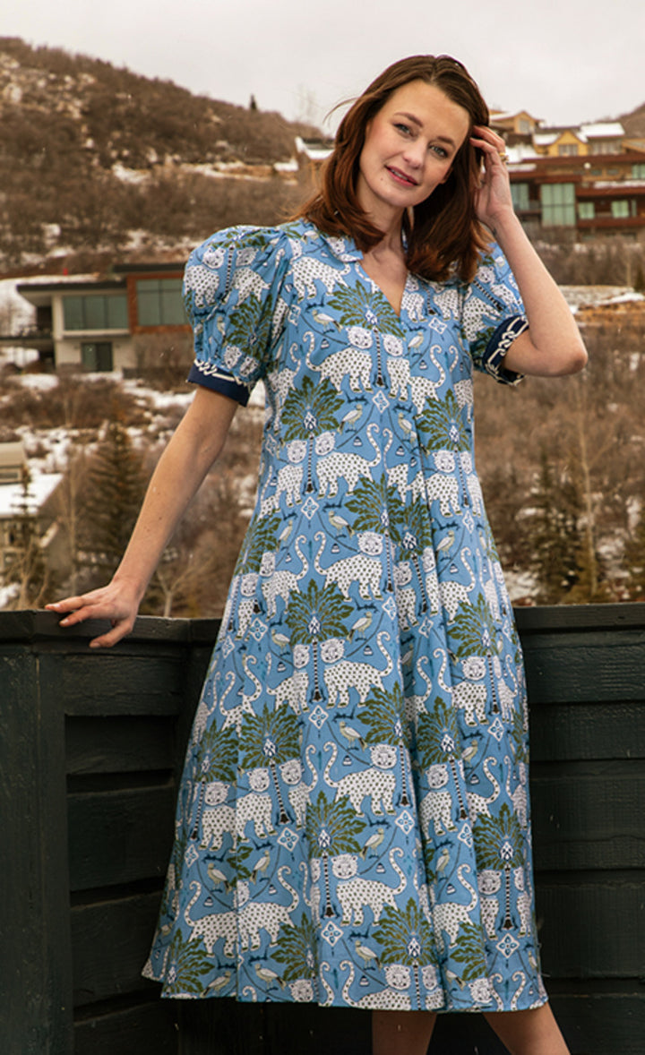 Montauk Dress Blue Ground with Cheetahs