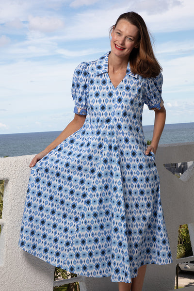Montauk Dress Blue Ikat Print