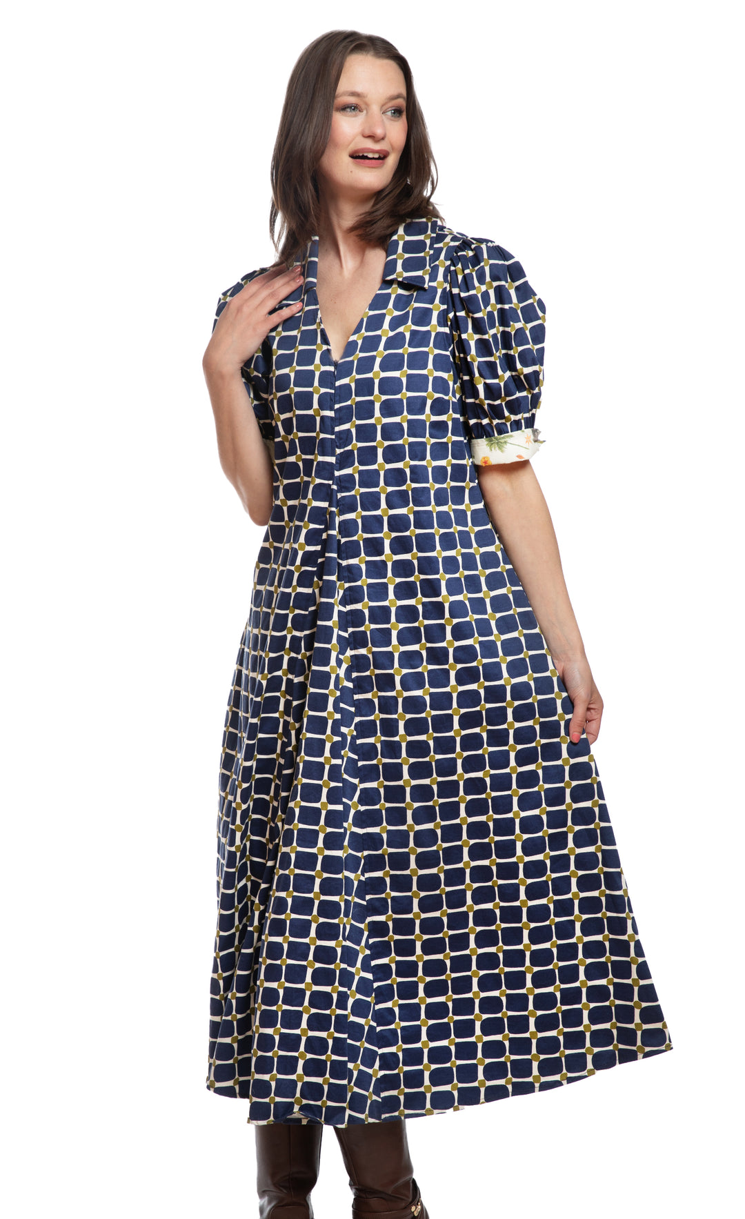Montauk Dress Navy Green Grid Print
