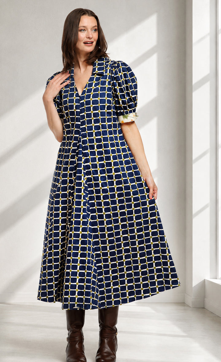 Montauk Dress Navy Green Grid Print