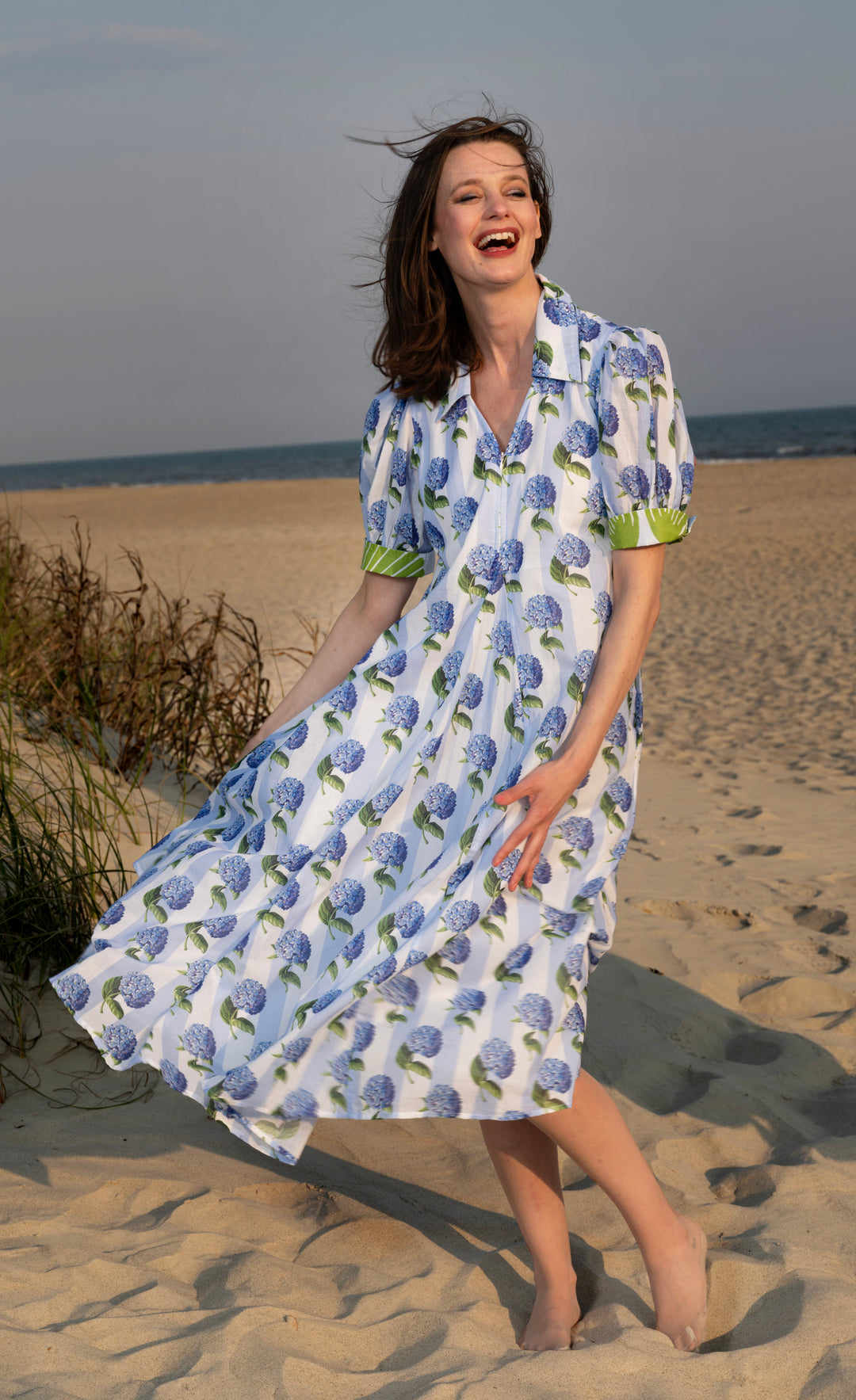 Montauk Dress Blue Stripe with Hydrangeas