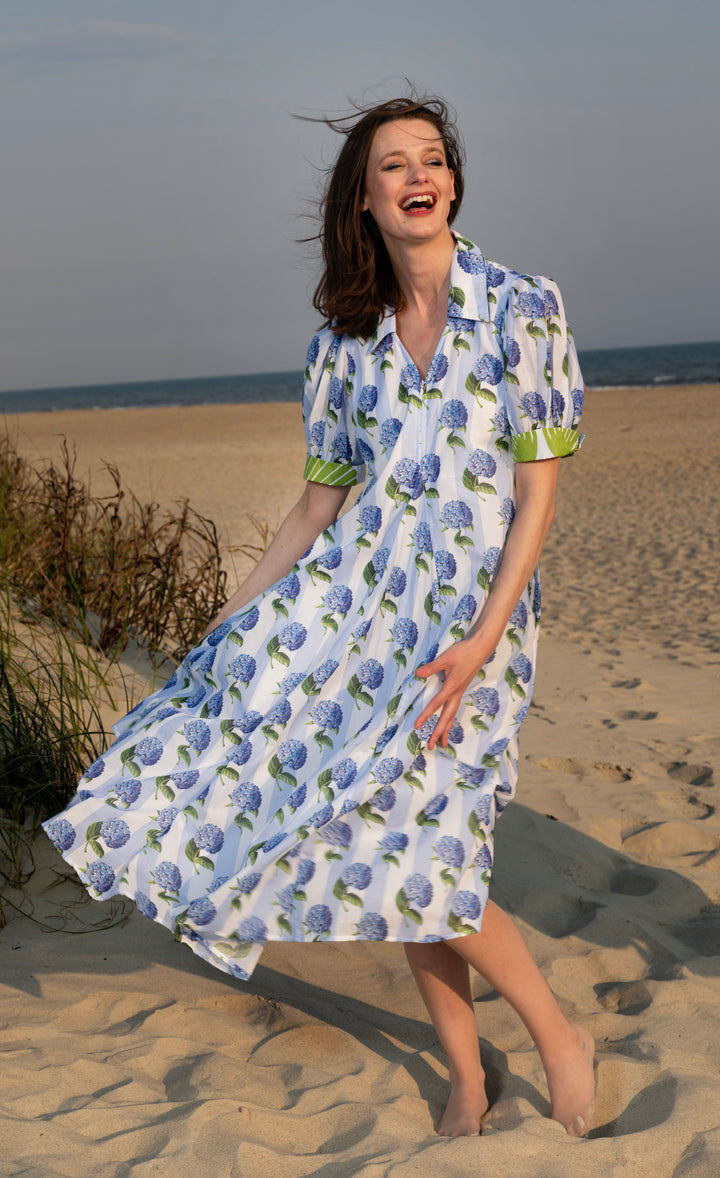 Montauk Dress Blue Stripe with Hydrangeas