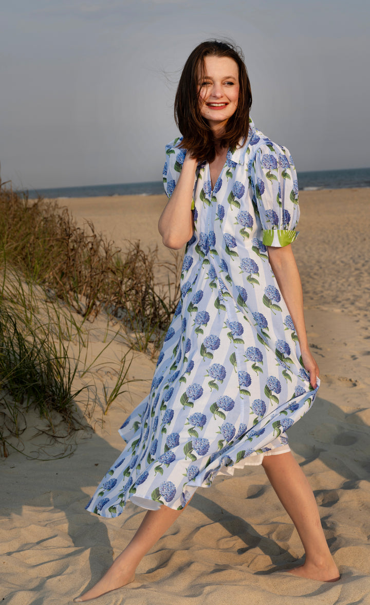 Montauk Dress Blue Stripe with Hydrangeas