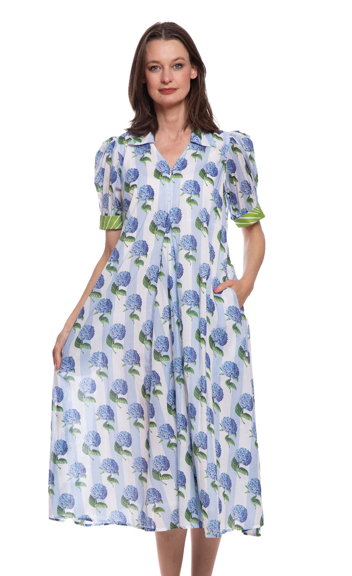 Montauk Dress Blue Stripe with Hydrangeas