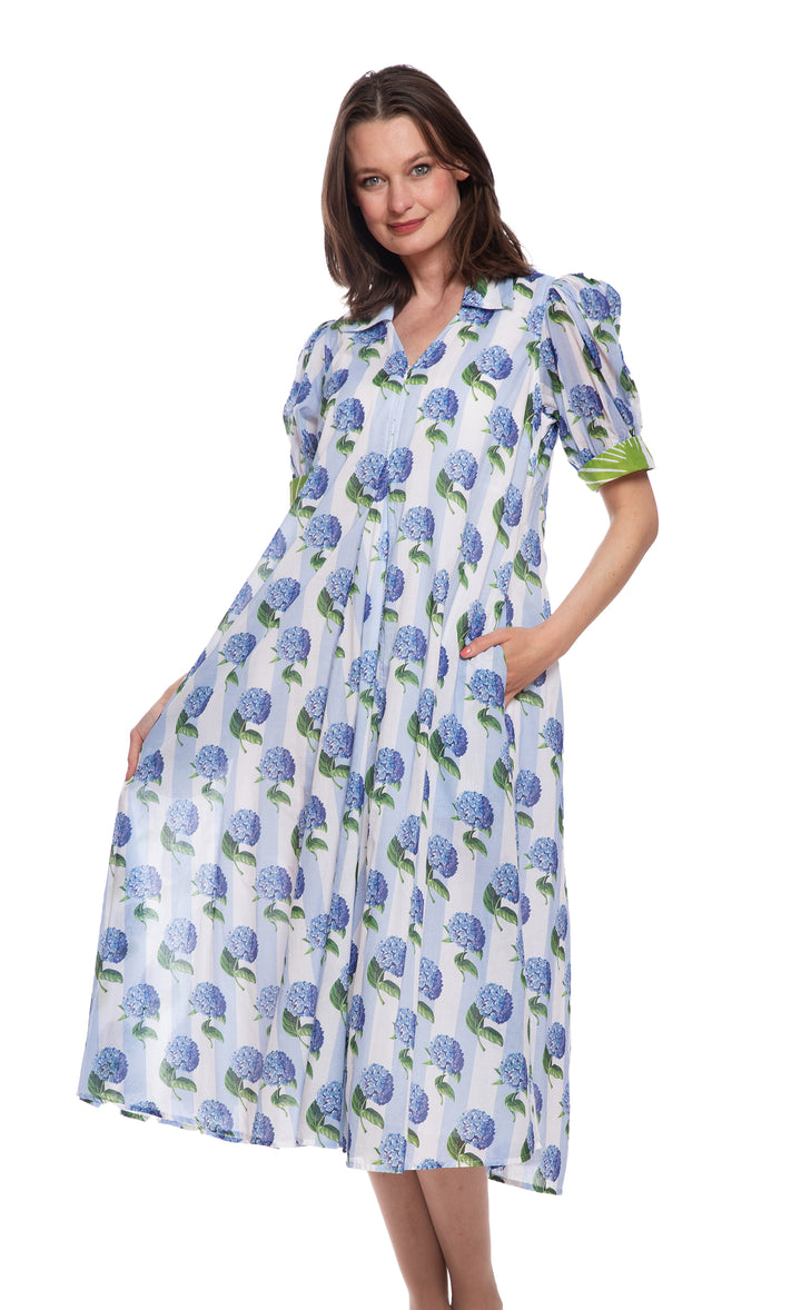 Montauk Dress Blue Stripe with Hydrangeas