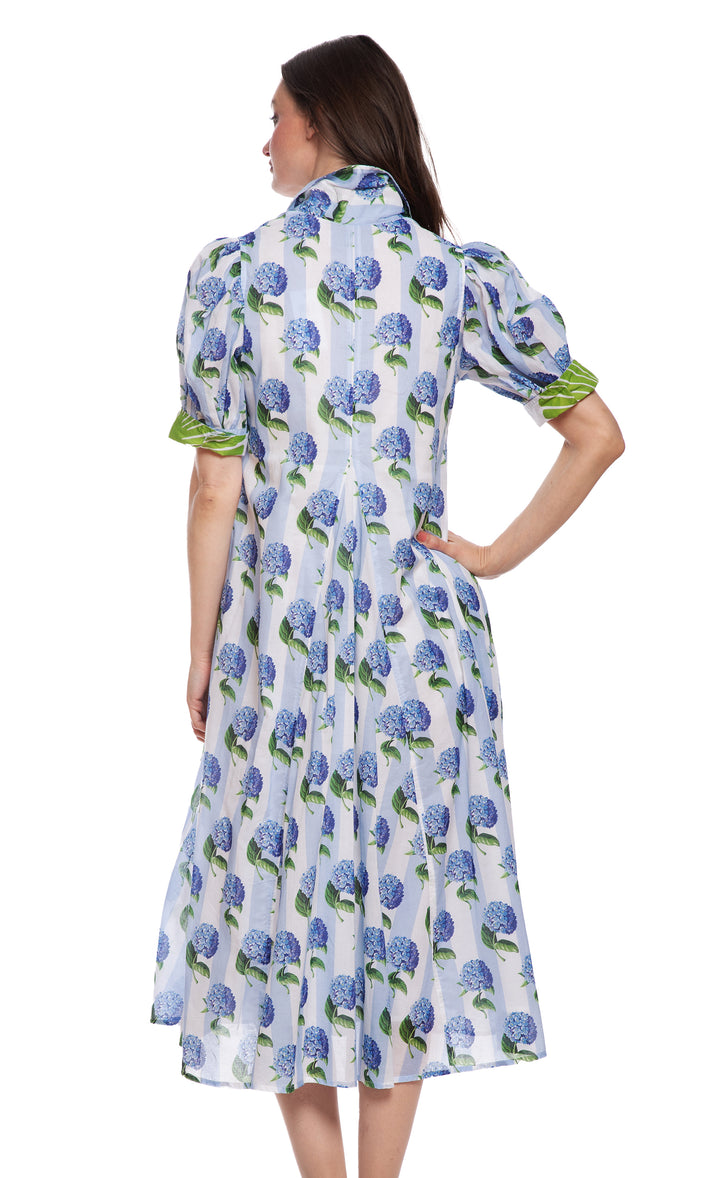 Montauk Dress Blue Stripe with Hydrangeas