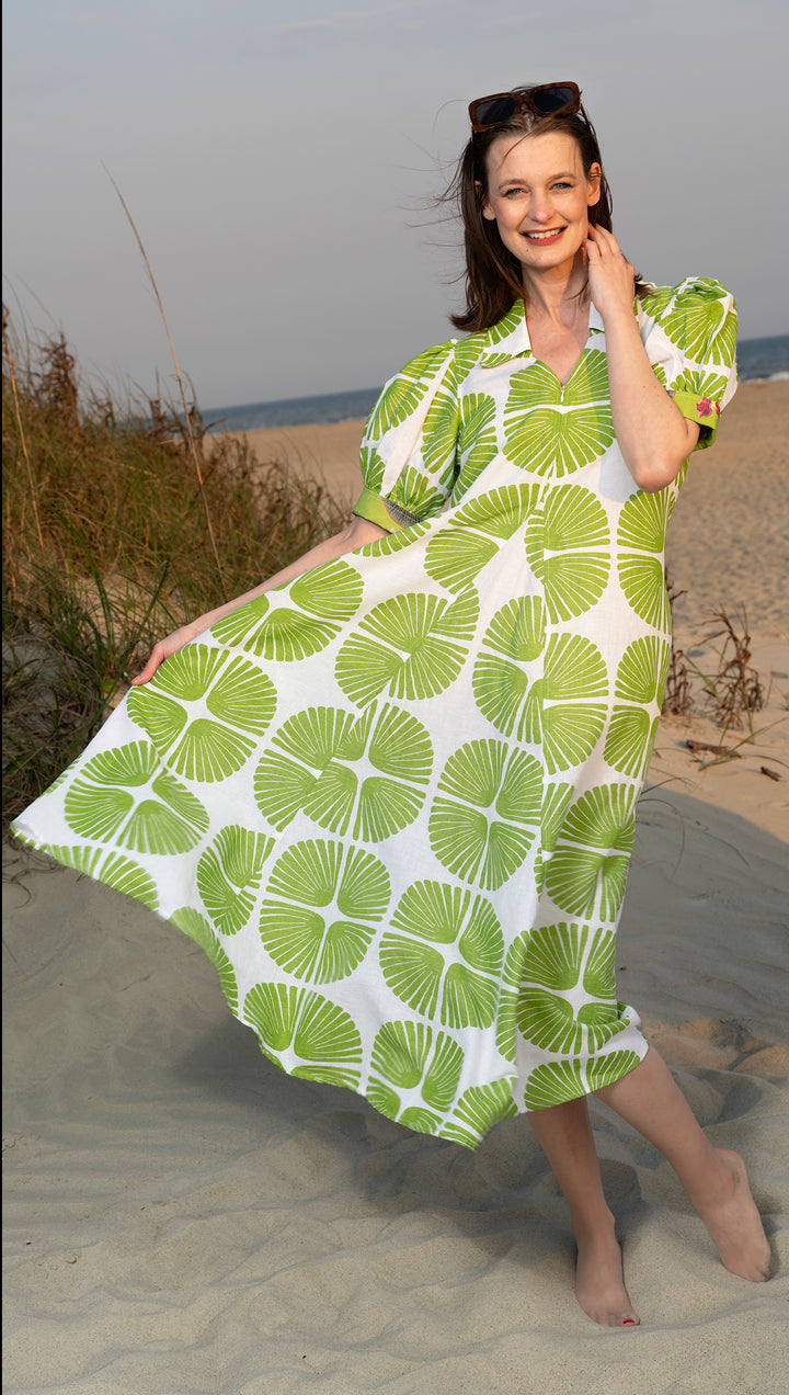 Montauk Dress Green and White Palm Fronds Print