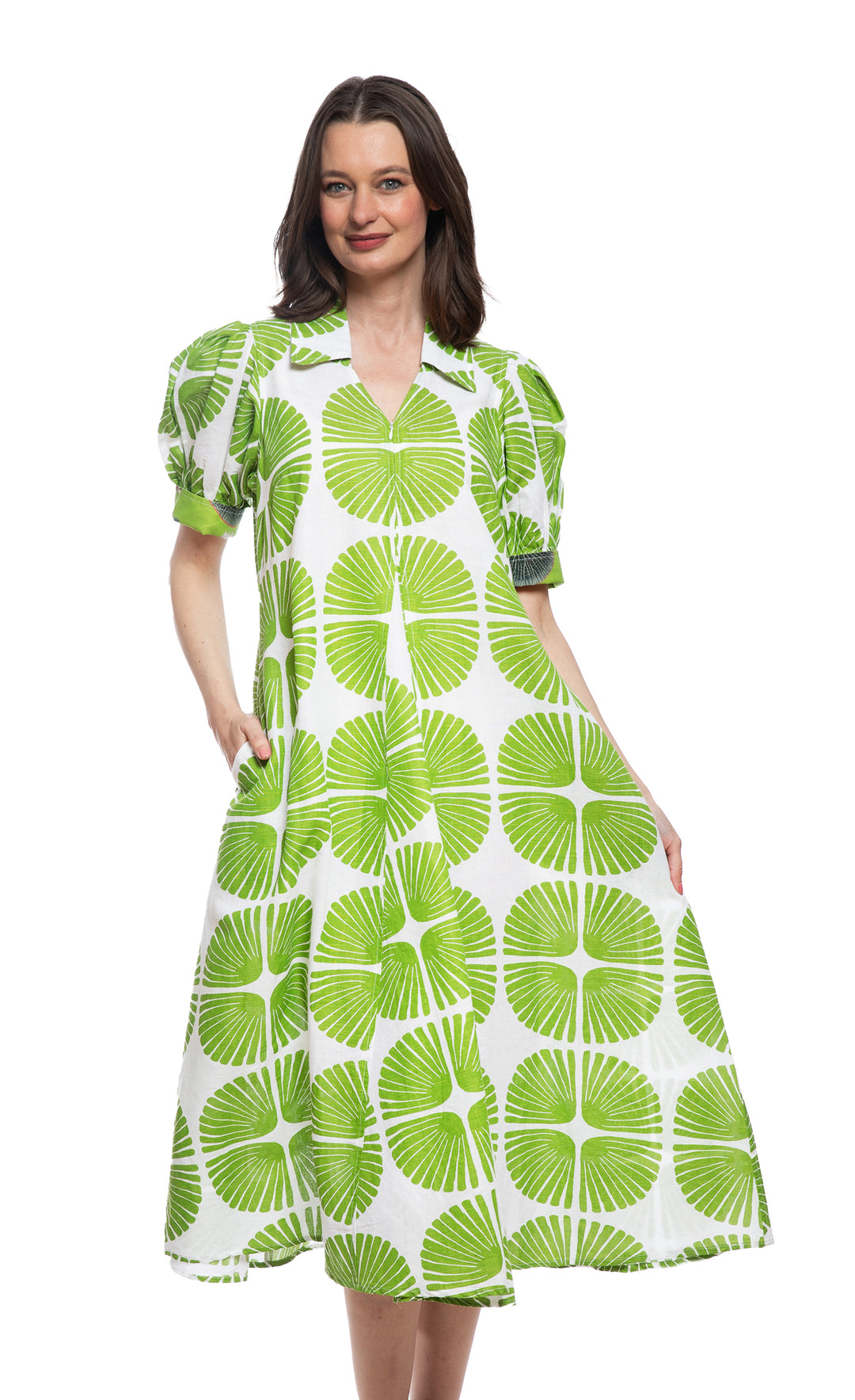 Montauk Dress Green and White Palm Fronds Print