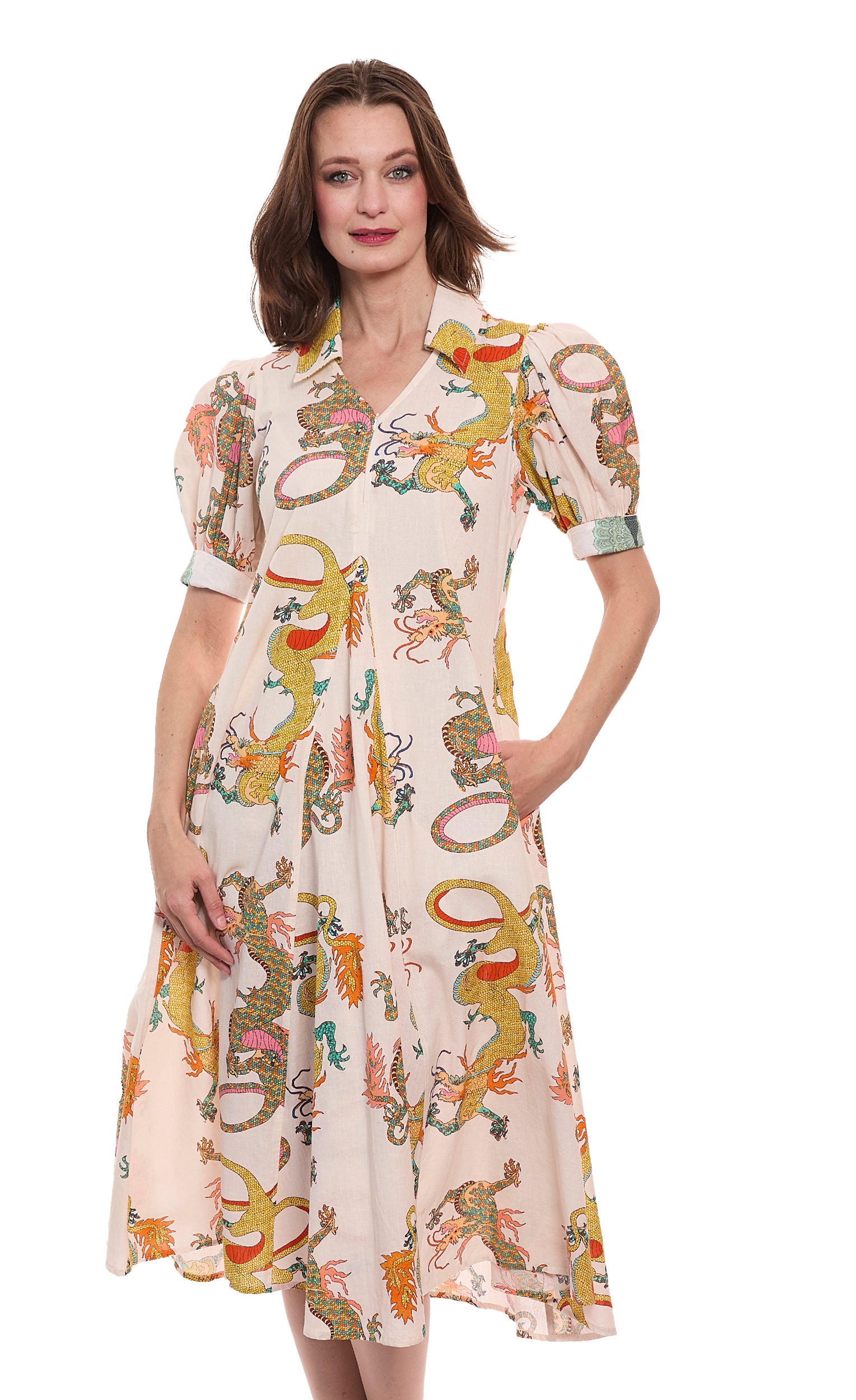 Montauk Dress Natural Dragon Print Cotton Linen – Dizzy-Lizzie