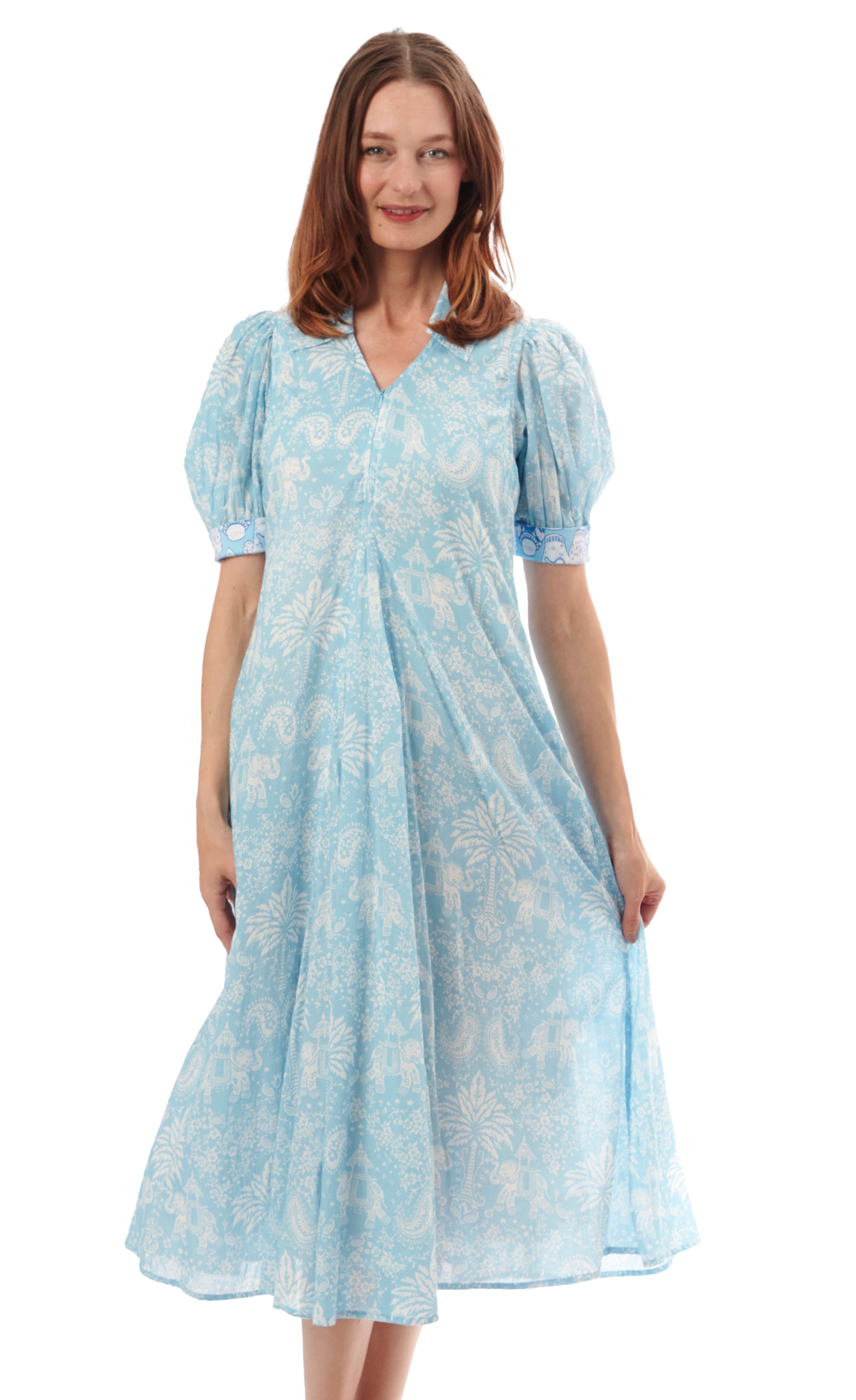 Montauk Dress Light Blue Elephants And Palm Trees – Dizzy-Lizzie