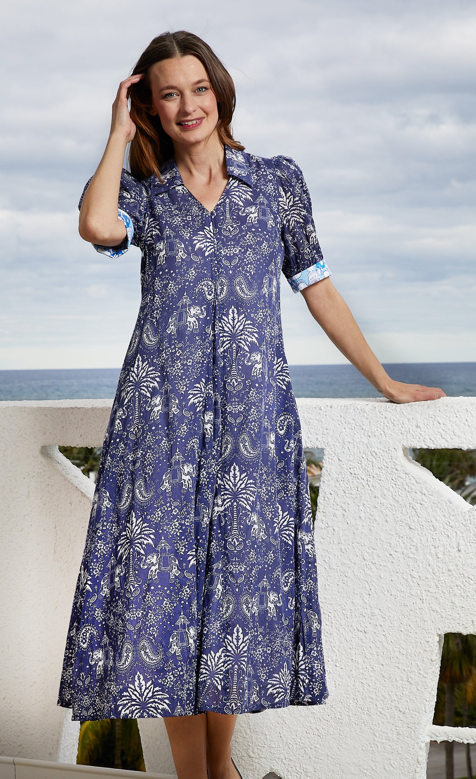 Montauk Dress Navy Elephants And Palm Trees – Dizzy-Lizzie
