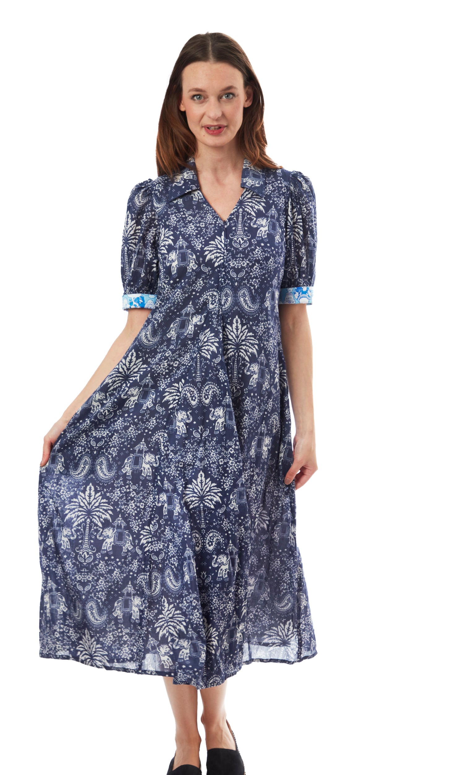 Montauk Dress Navy Elephants And Palm Trees – Dizzy-Lizzie