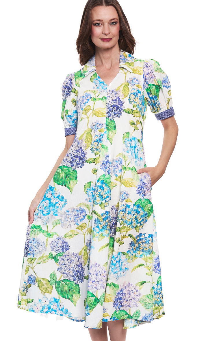 Montauk Dress Linen Cotton Hydrangeas Print
