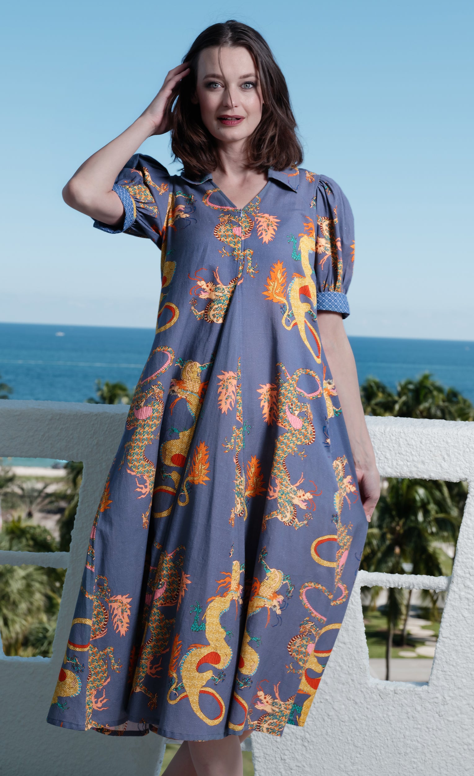 m*s様 【極美品】soorploom Dunes Dress Stencil Montauk Dress Linen Cotton Blue Dragons Print – Dizzy-Lizzie