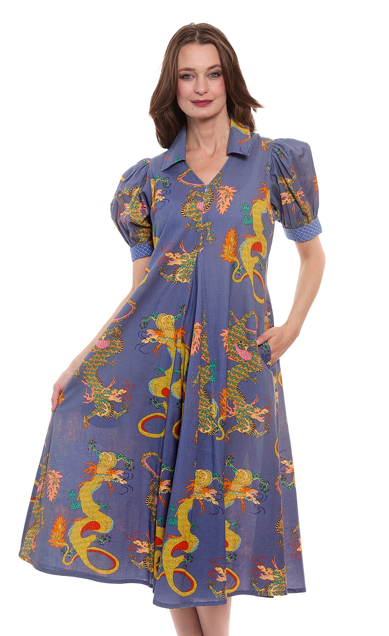 Montauk Dress Linen Cotton Blue Dragons Print – Dizzy-Lizzie