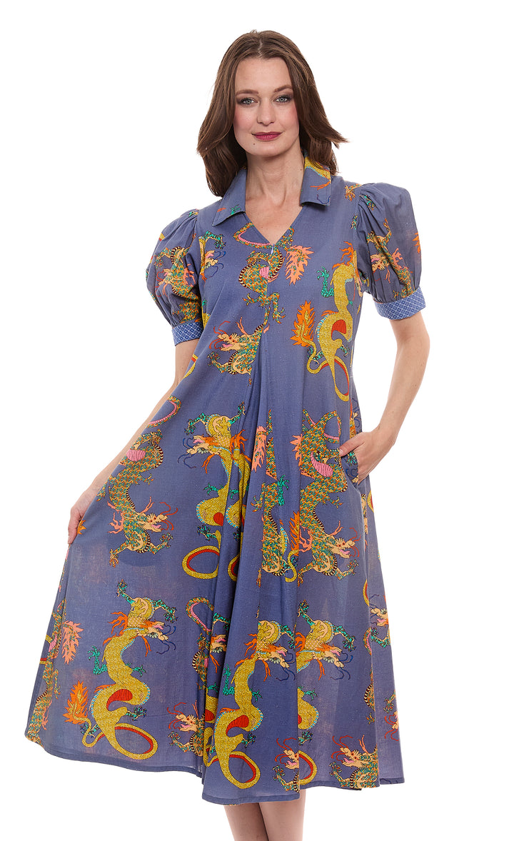 Montauk Dress Linen Cotton Blue Dragons Print