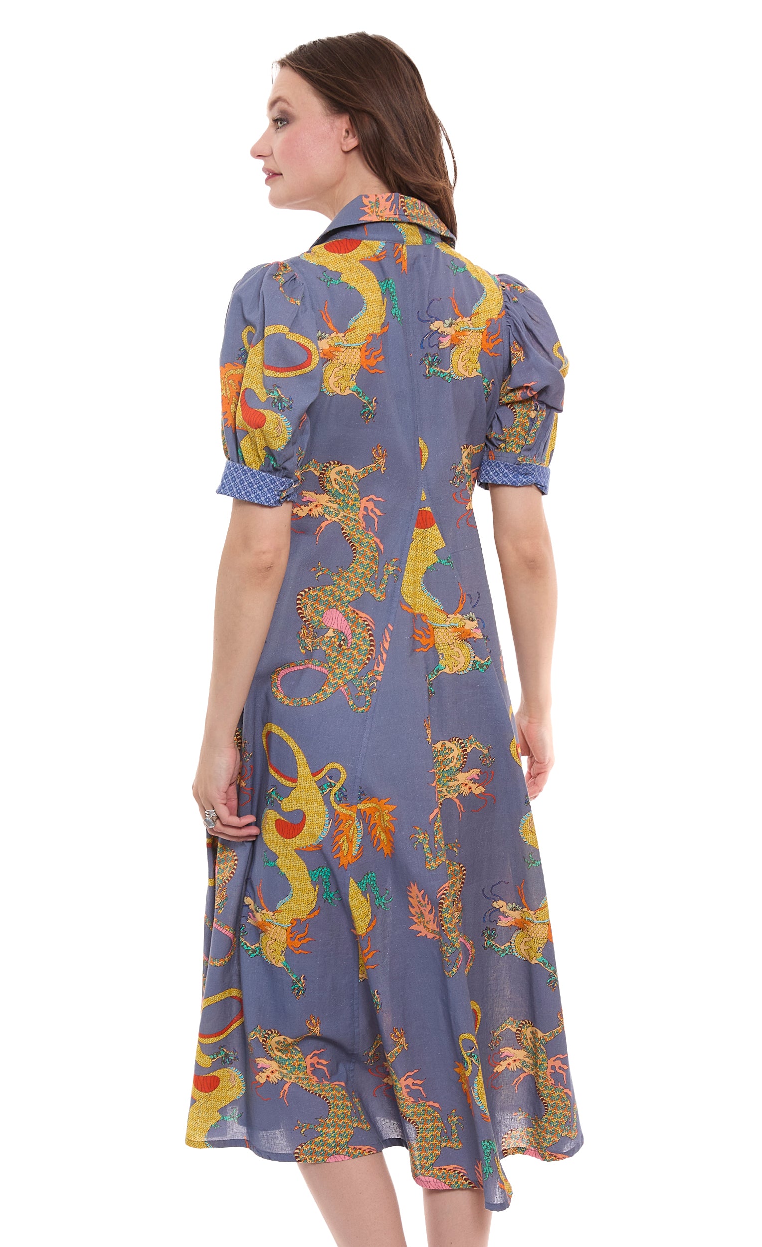 Montauk Dress Linen Cotton Blue Dragons Print – Dizzy-Lizzie
