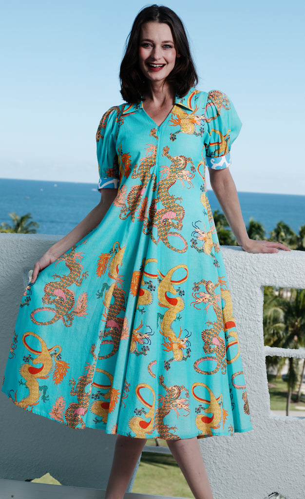 Montauk Dress Linen Cotton Turquoise Dragons Print – Dizzy-Lizzie