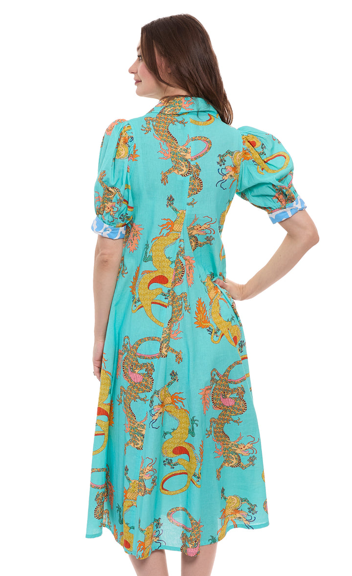 Montauk Dress Linen Cotton Turquoise Dragons Print