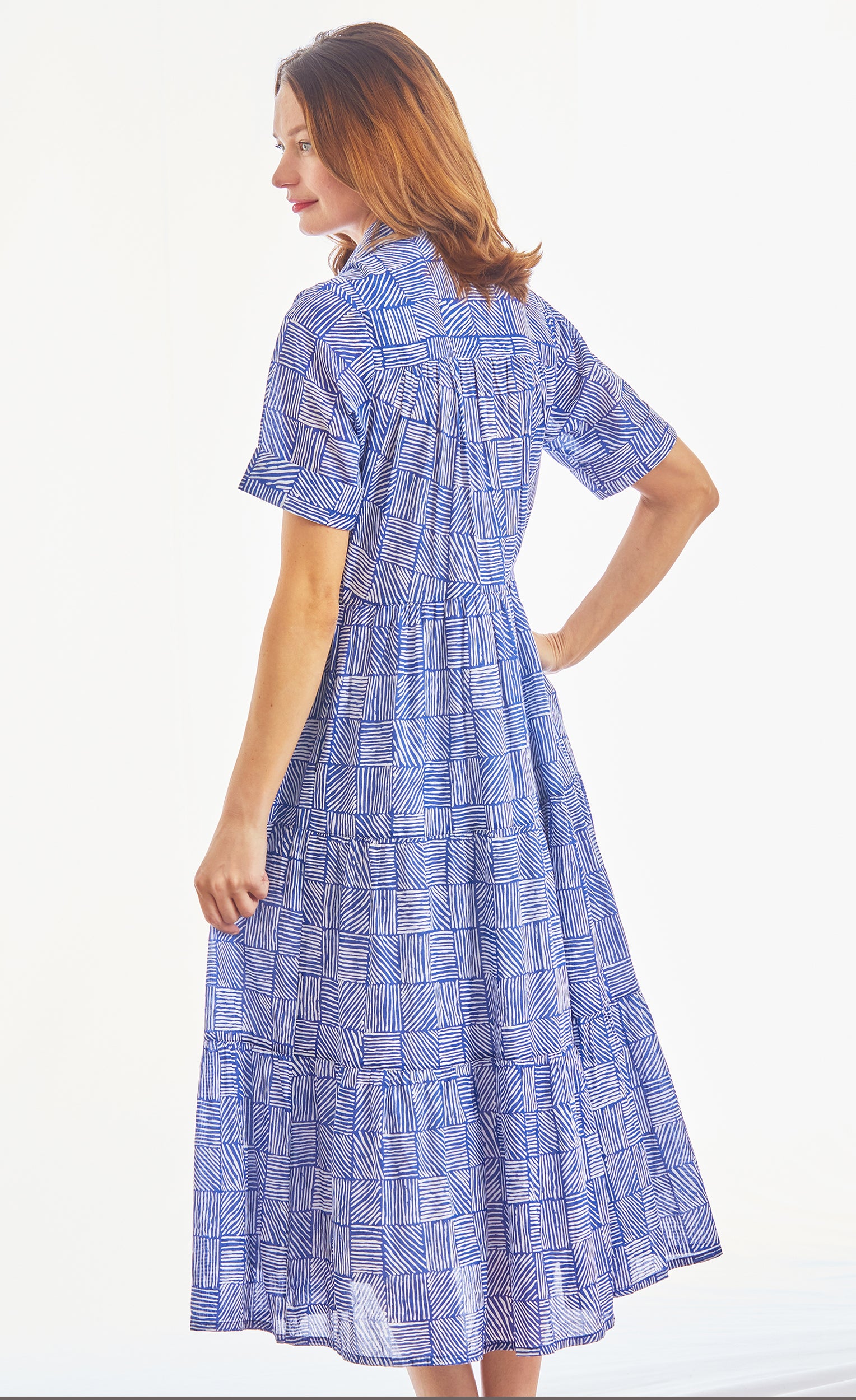 Palm Desert Long Dress, Cotton Voile Navy White Criss Cross Little