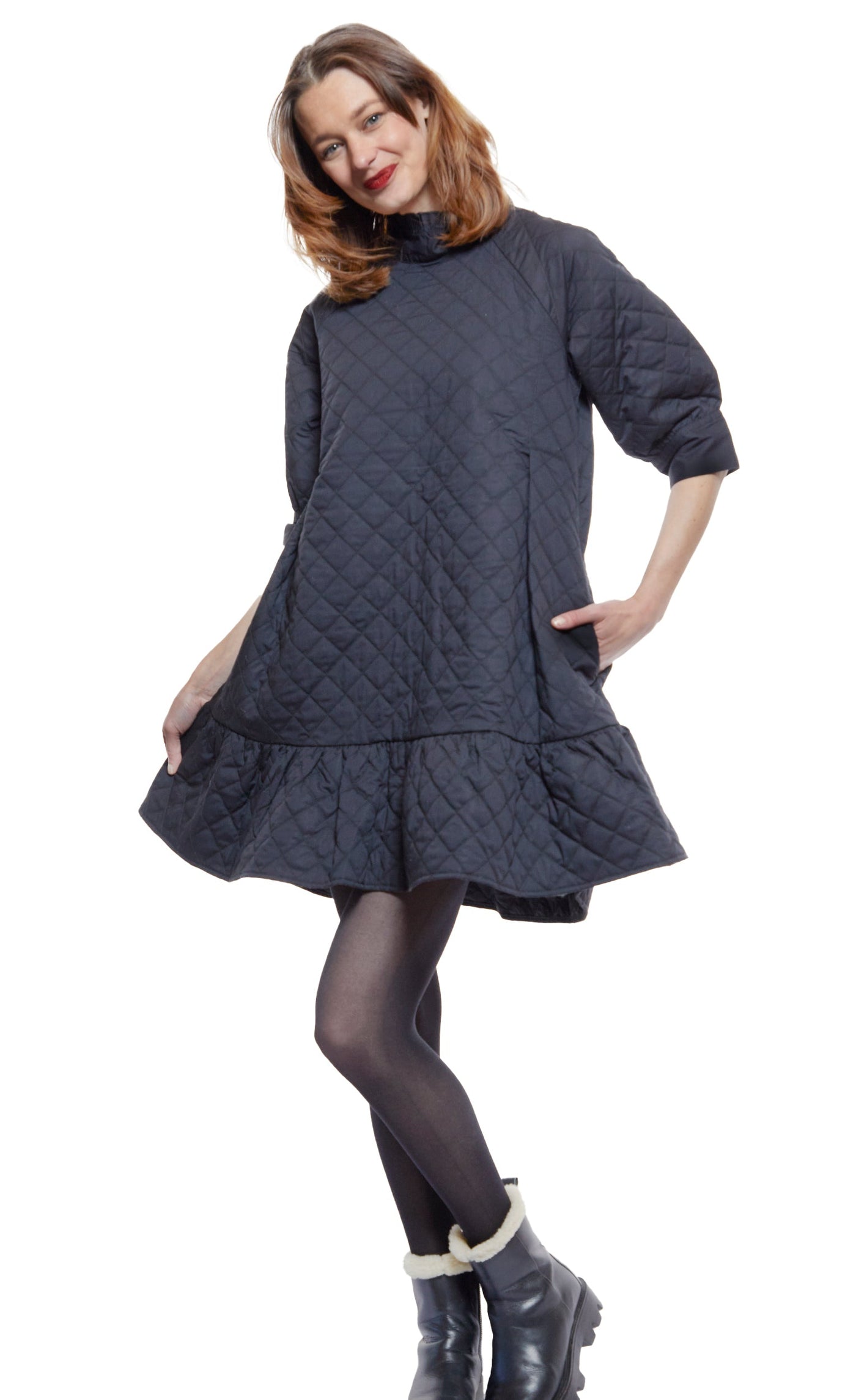 St. Tropez Softly Quilted Black Poplin Dress, Oversized Silhouette XS / 6909-BLK