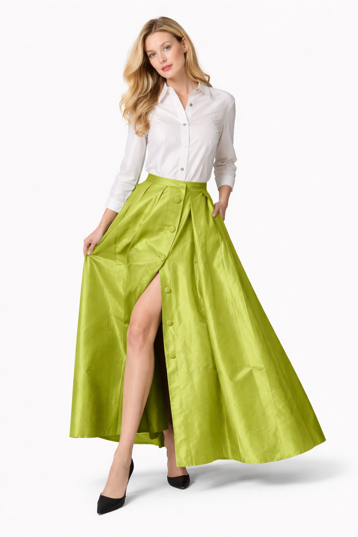 Ballgown Skirt with Slit Green Silk