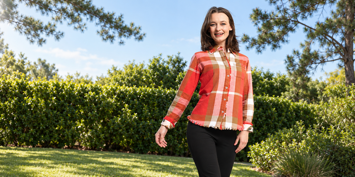 Model wearing an orange and pink plaid shirt with black pants in a garden