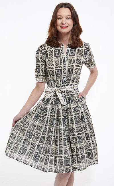 Mrs Maisel Dress in Black and Beige Wicker Print