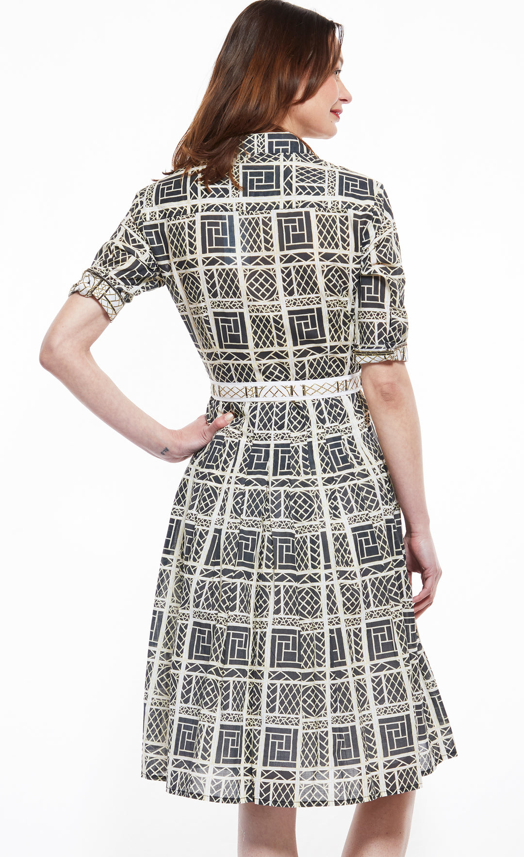 Mrs Maisel Dress in Black and Beige Wicker Print