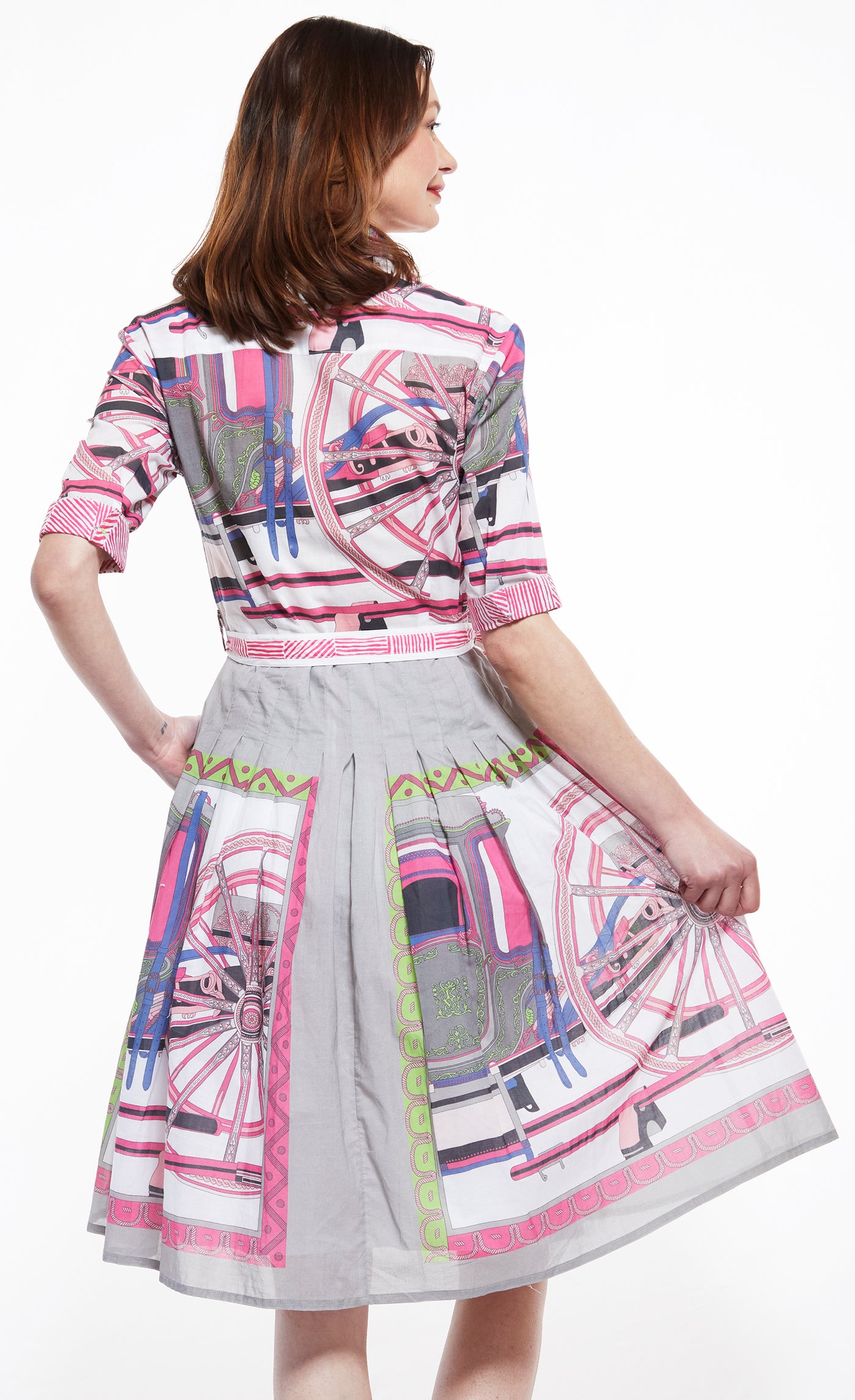 Mrs. Maisel Dress with Wheel Print in Greys And Pink XS / 663-M161M