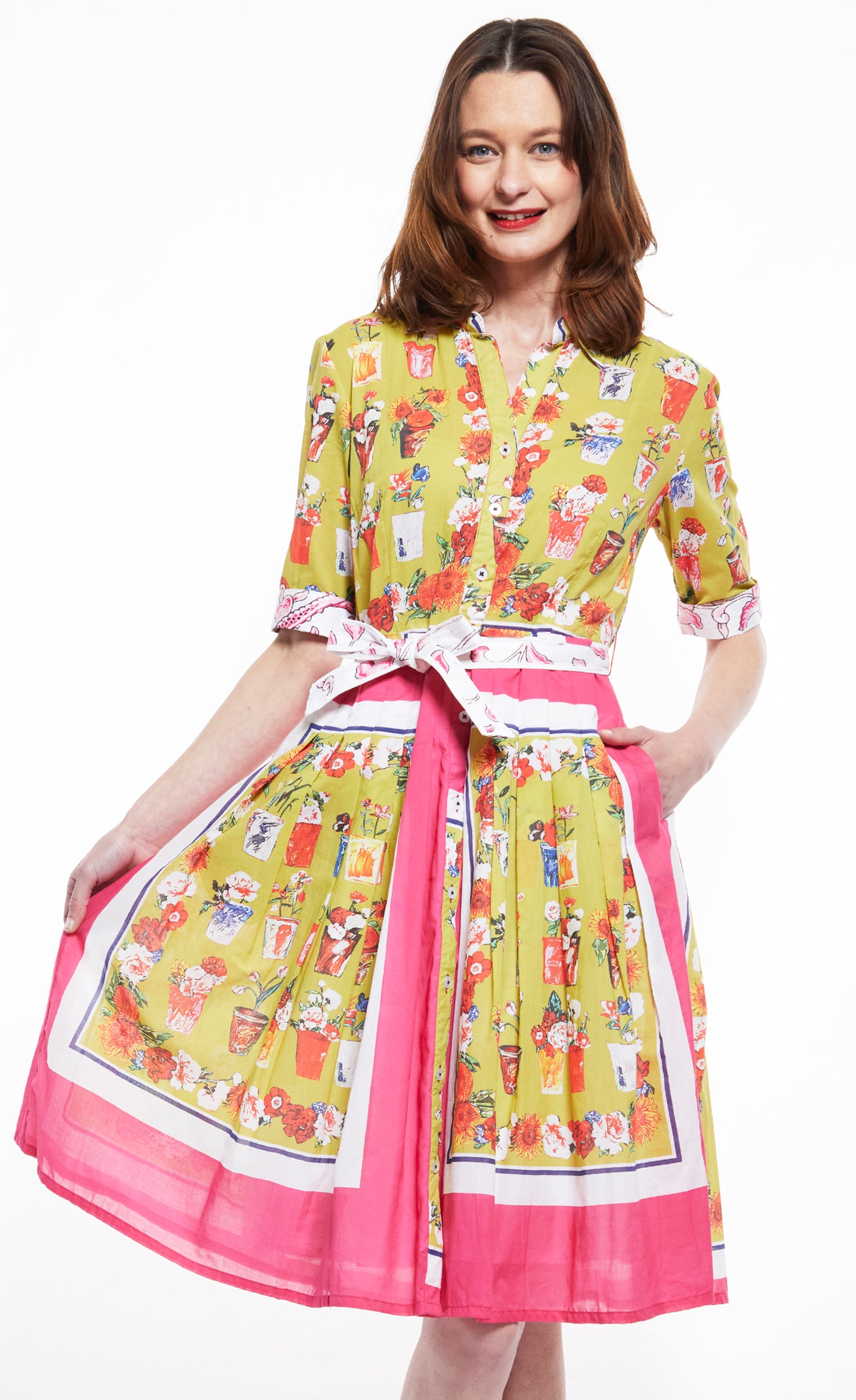 Mrs. Maisel Dress in Green with Pink Flower Pots XS / 663-M517