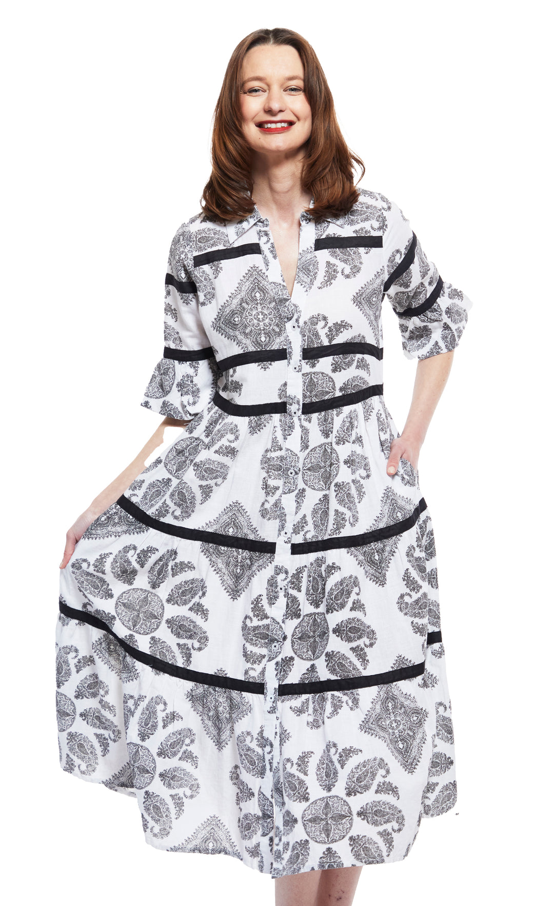 Miami Style Midi with Flounce And Black Ribbons Black White Paisley Dizzy-Lizzie Miami Style Midi with Flounce And Black Ribbons Black White Paisley Dizzy-Lizzie