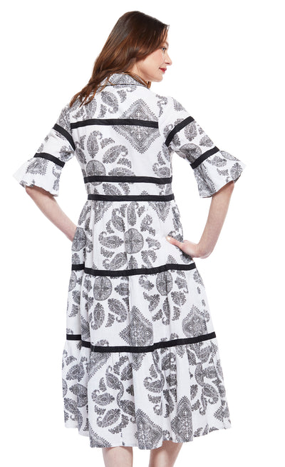 Miami Style Midi with Flounce And Black Ribbons Black White Paisley XS / 6645-M508