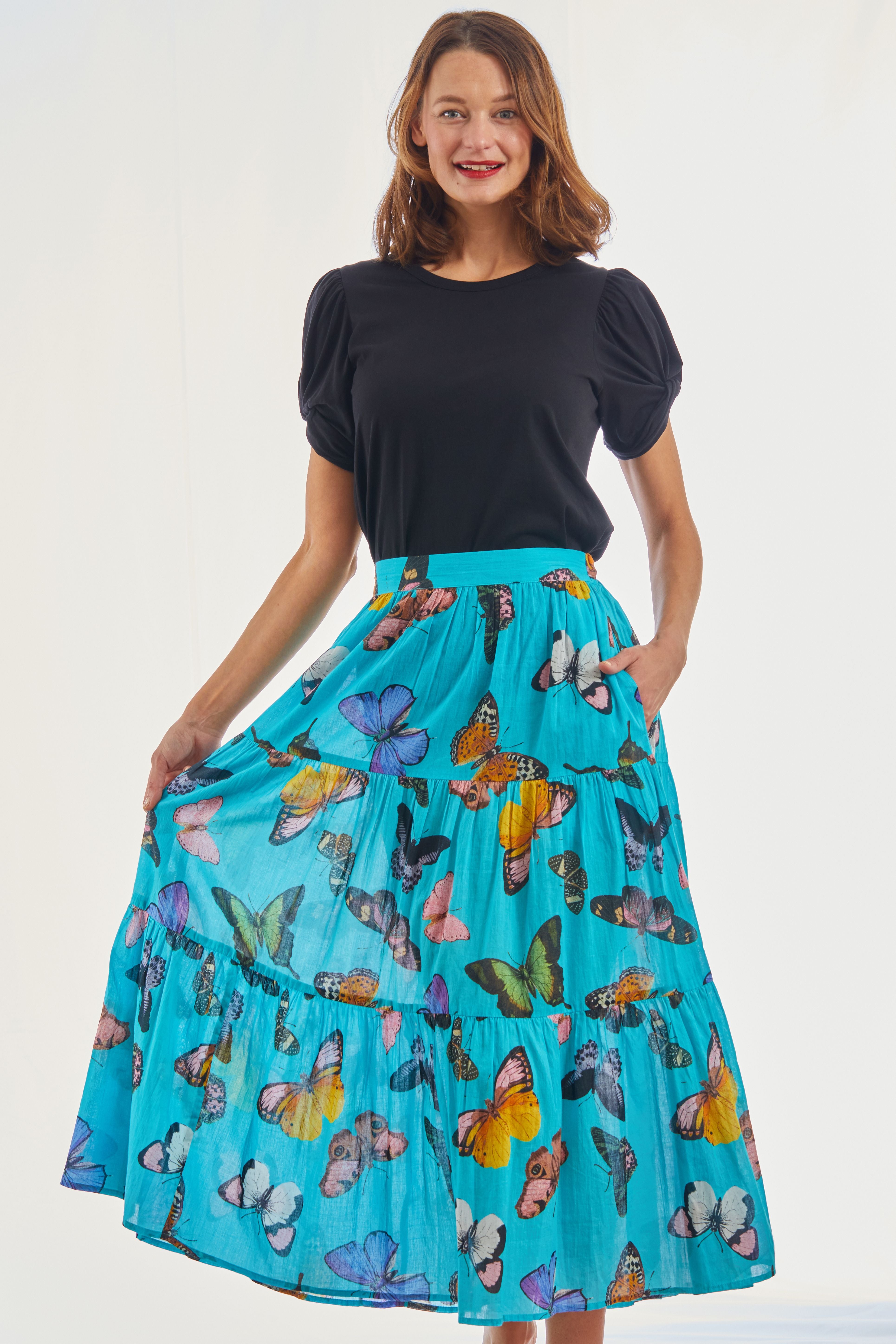 Woodstock Turquoise Butterfly Pull On Flounce Skirt – Dizzy-Lizzie