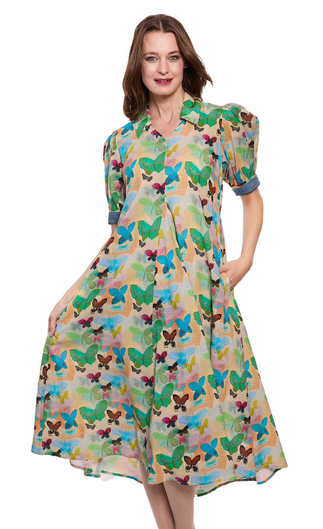 cotton butterfly dress Montauk Dress Linen Cotton Neutral Butterfly Print L