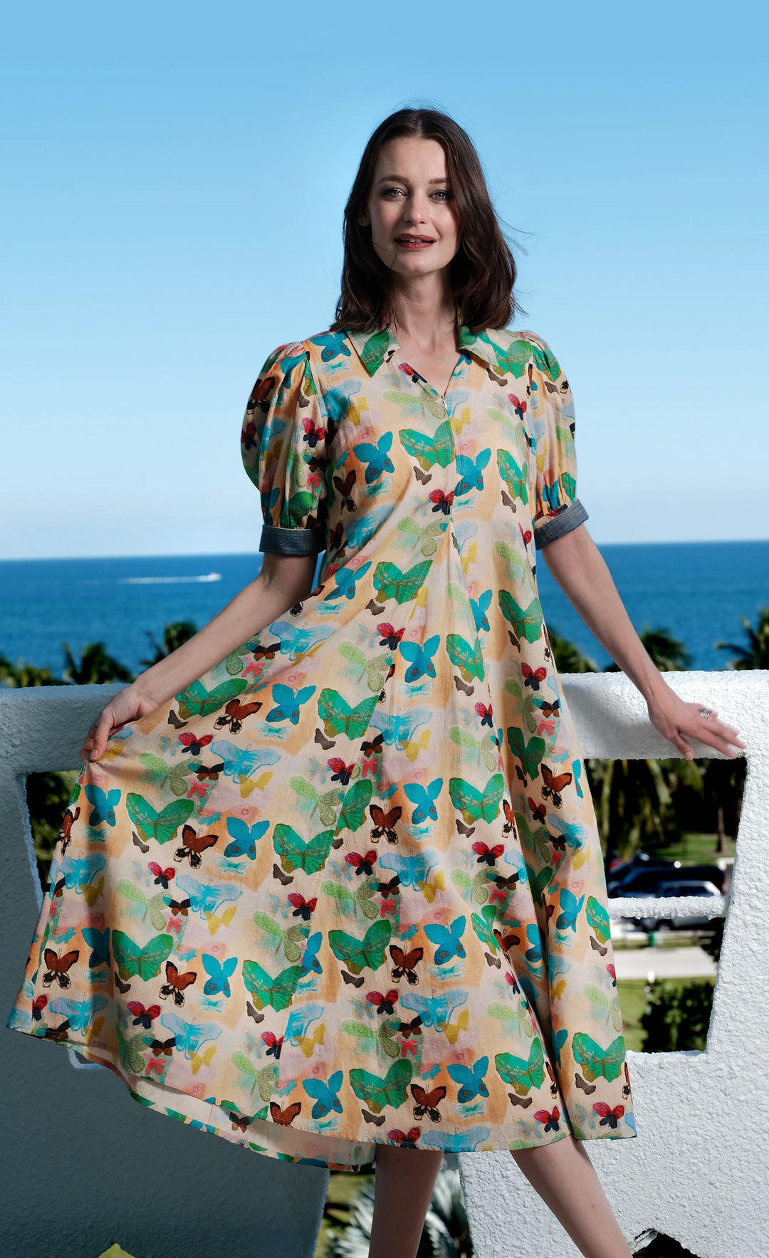 Montauk Dress Linen Cotton Neutral Butterfly Print L Montauk Dress Linen Cotton Neutral Butterfly Print L
